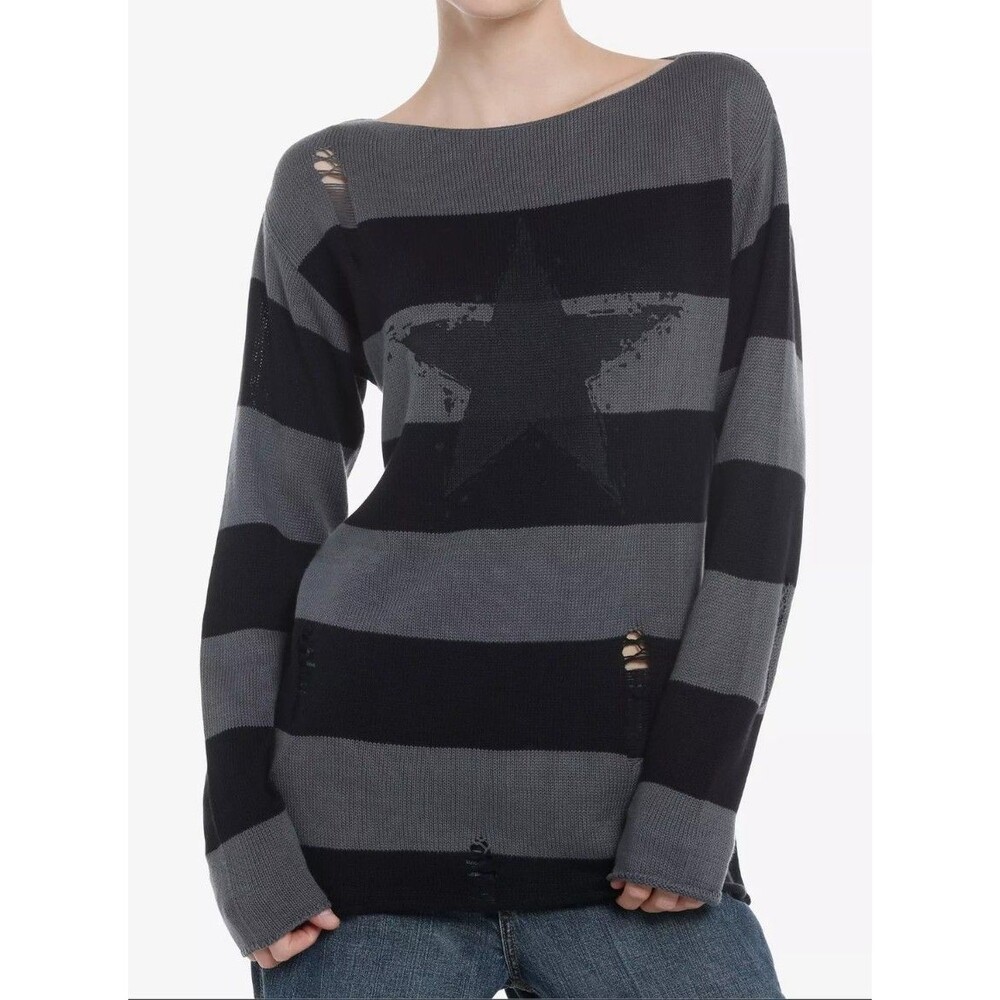 Hot Topic Black & Grey Stripe Star Distressed Sweater Women's Size Small